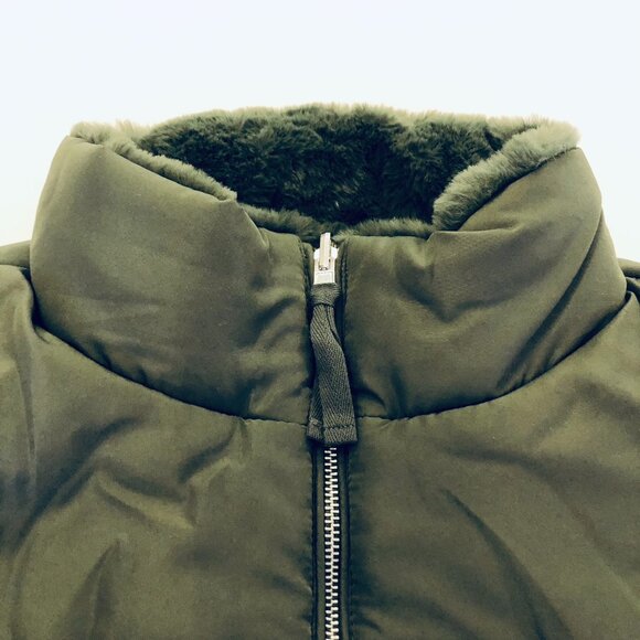 Forever 21 Zip Up Puffer Vest Jacket 2 Way Reversible Plush Trim Size L Green - Picture 5 of 16